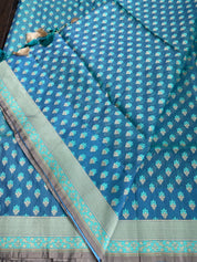 Silk Cotton Jamdaani Kora Banarasi - Blue Grey Resham Woven
