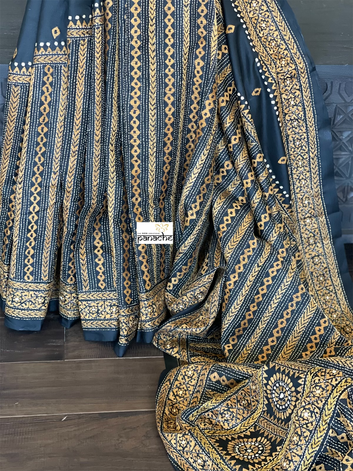 Pure Bangalore Silk Kantha Stitch -  Black Multi Color