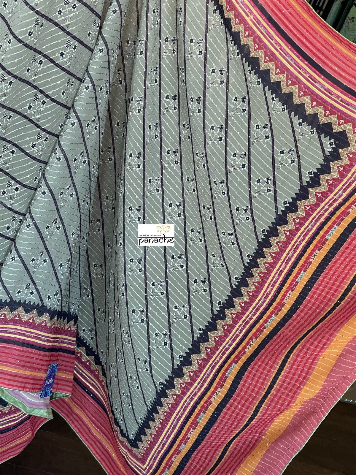 Designer Inspired Georgette Saree - Moss Grey Black Sequin