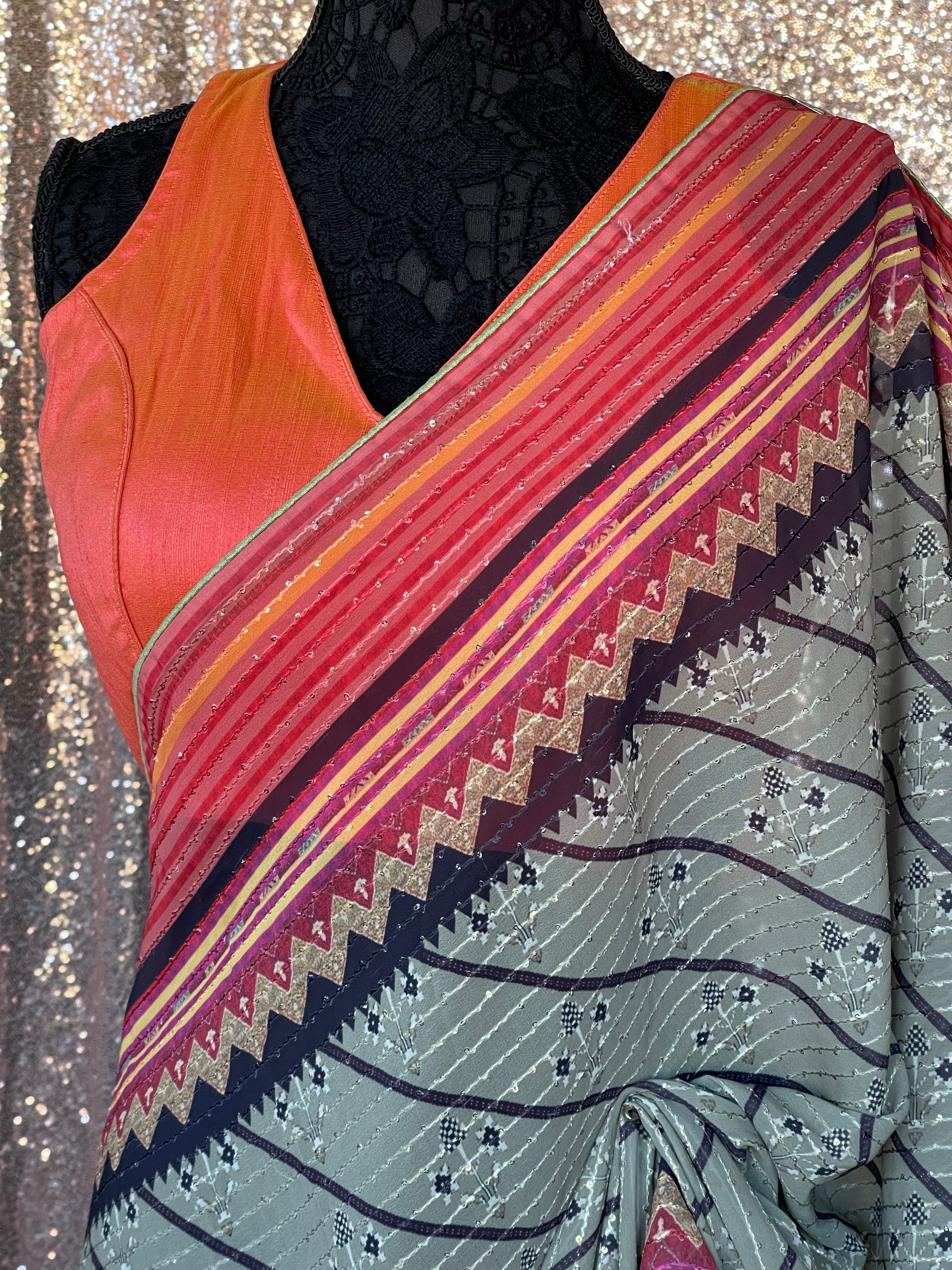 Designer Inspired Georgette Saree - Moss Grey Black Sequin