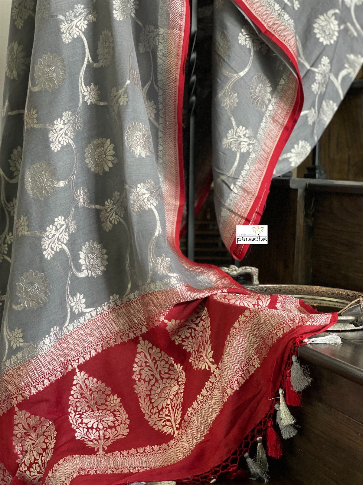 Muga Silk Banarasi - Grey Red Silver Zari