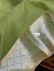 Linen Silk Banarsi - Pista Green Silver Golden Zari