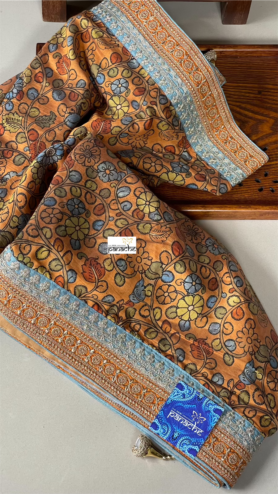 Designer Satin Maslin Kalamkari - Orange Blue