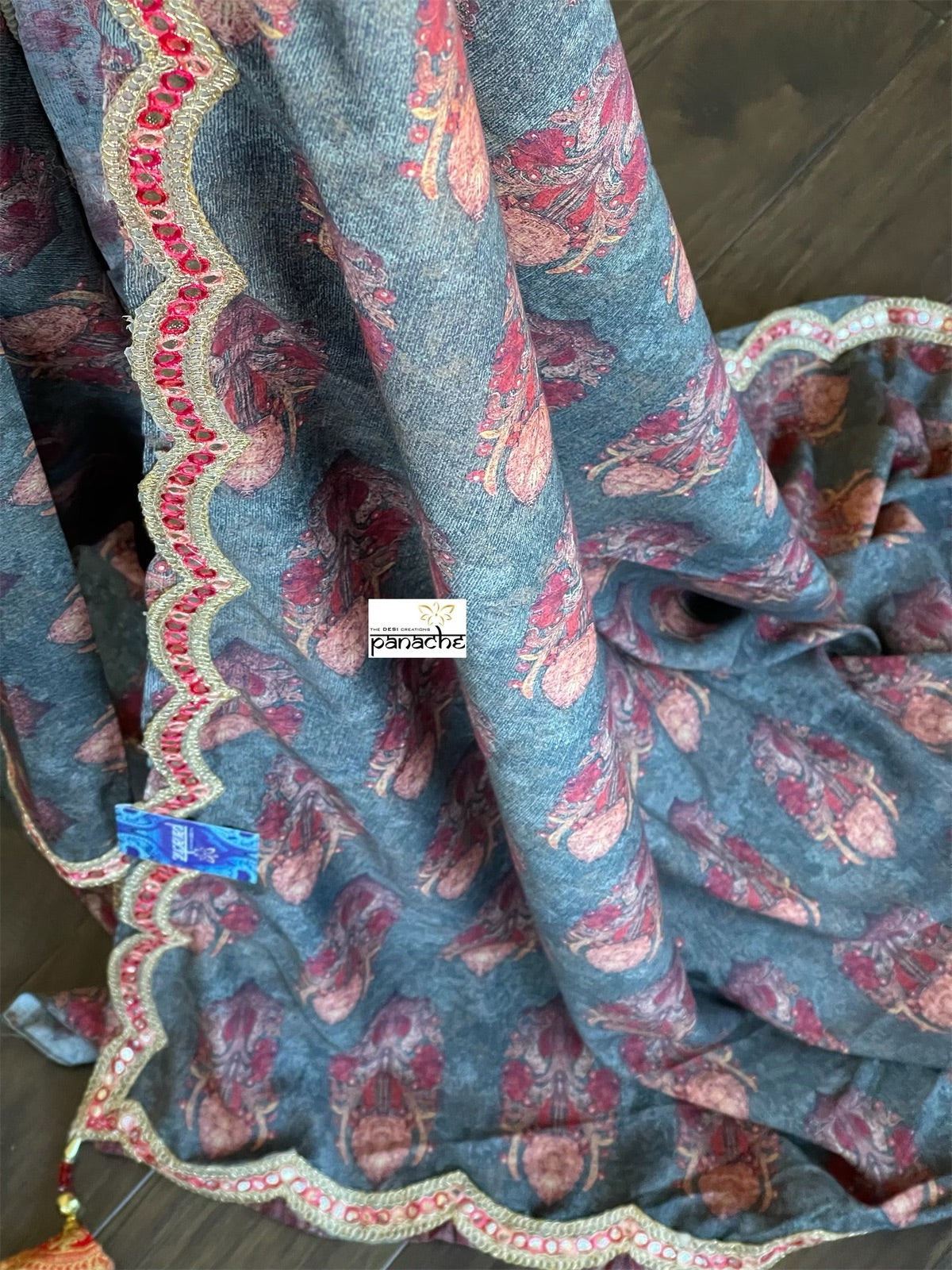 Designer Jute Silk - Grey Orange Printed