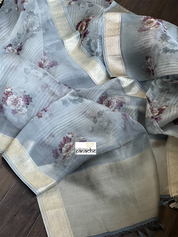 Banarasi Organza Floral - Grey Antique Golden Zari