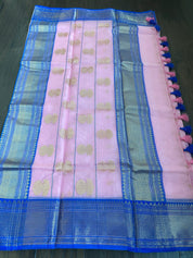 Pure Chanderi Organza Silk - Baby Pink Blue Eknaliya