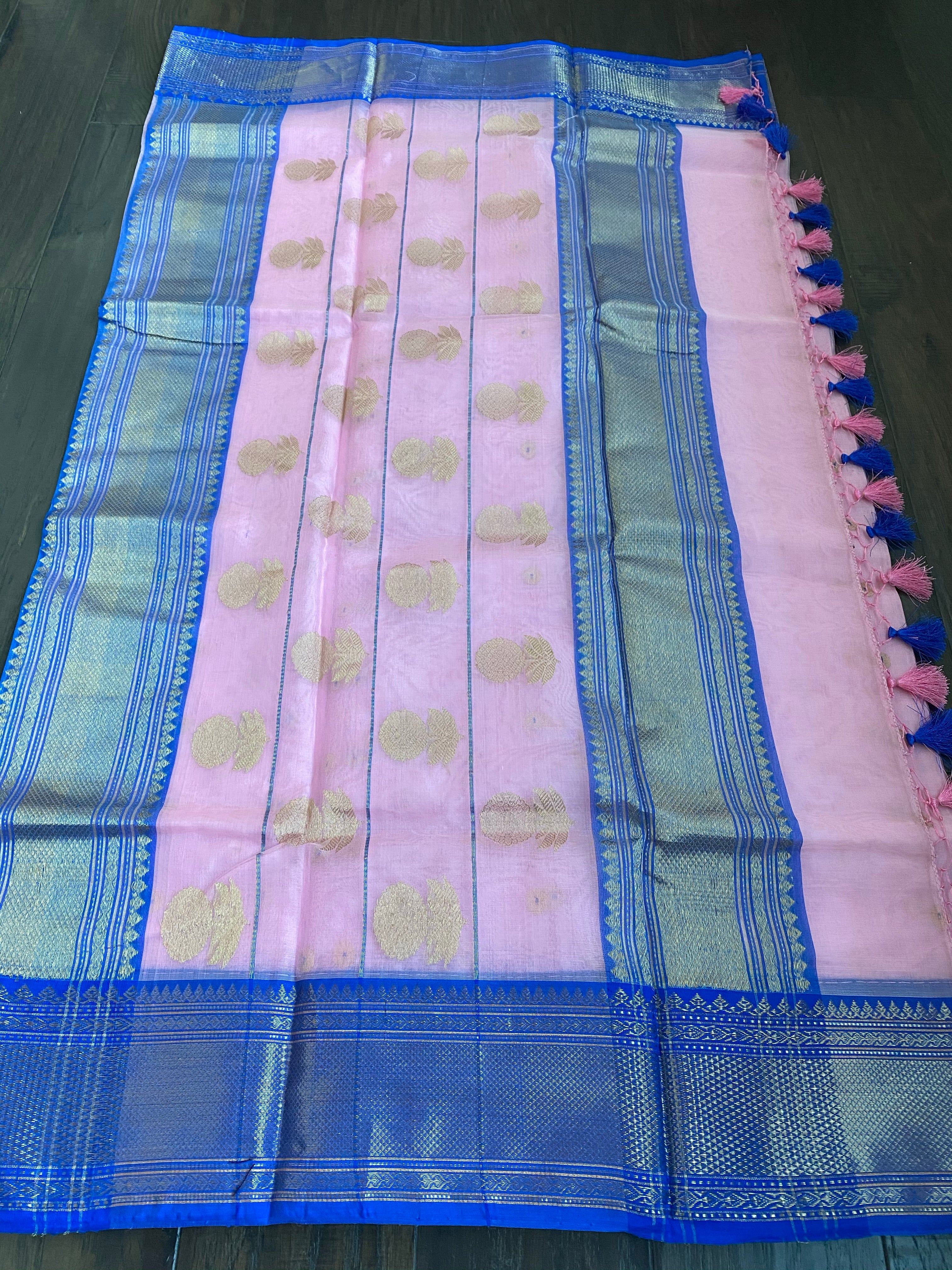Pure Chanderi Organza Silk - Baby Pink Blue Eknaliya