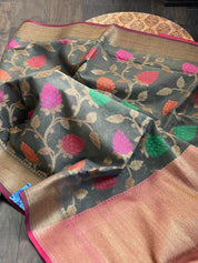 Cotton Silk Banaras Chanderi - Black Meenakari