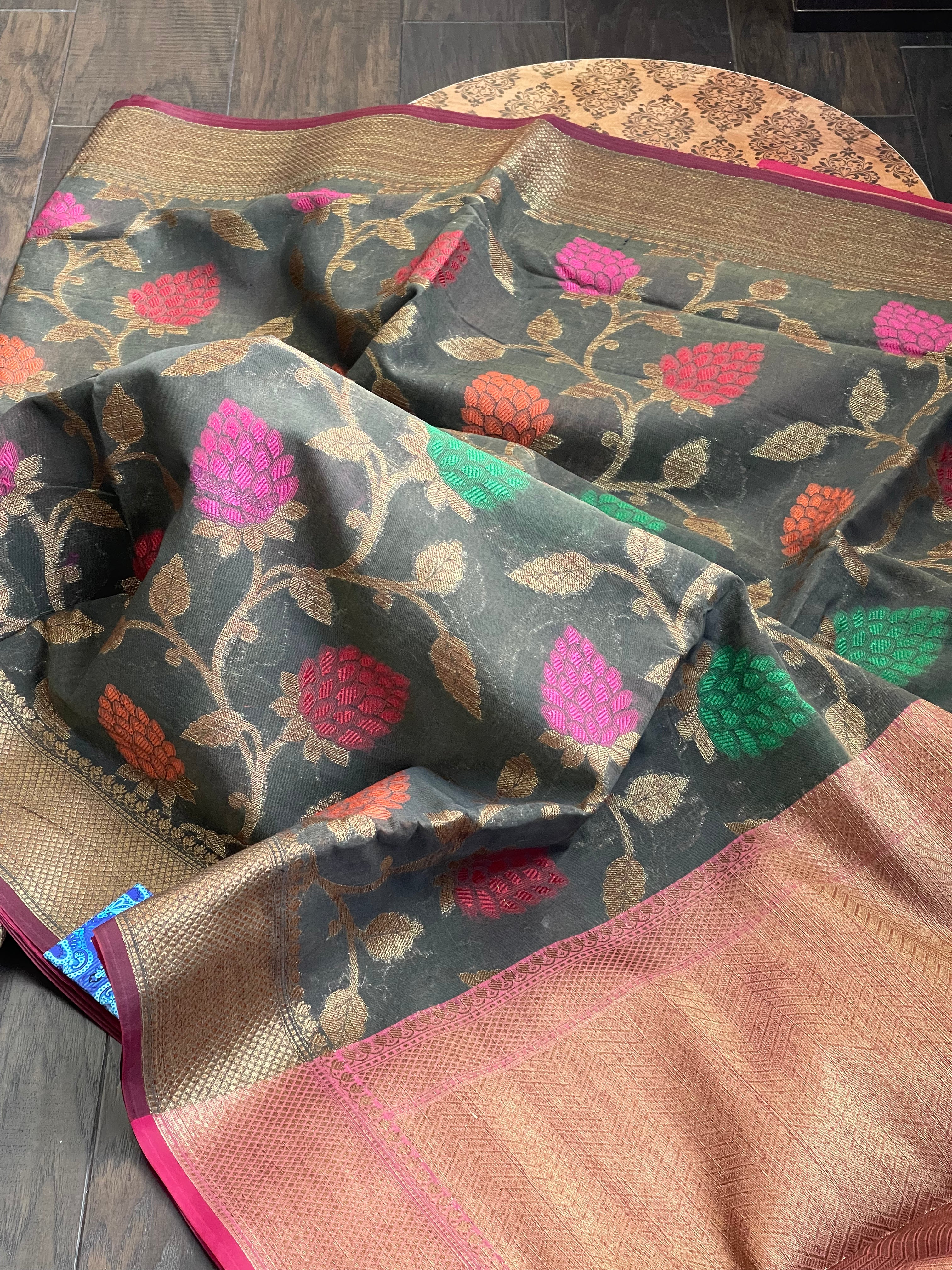 Cotton Silk Banaras Chanderi - Black Meenakari