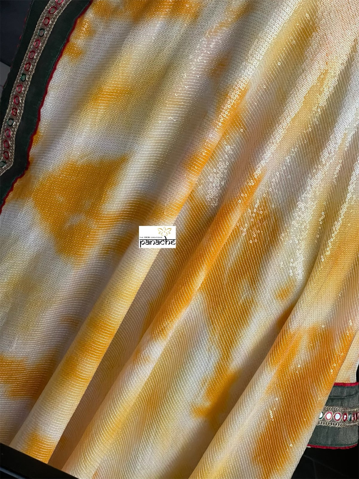 Designer Georgette Sequin Saree - Yellow Orange Tie Dye