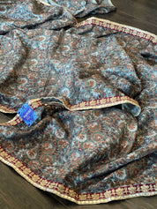 Designer Jute Silk - Teal Grey Floral Printed