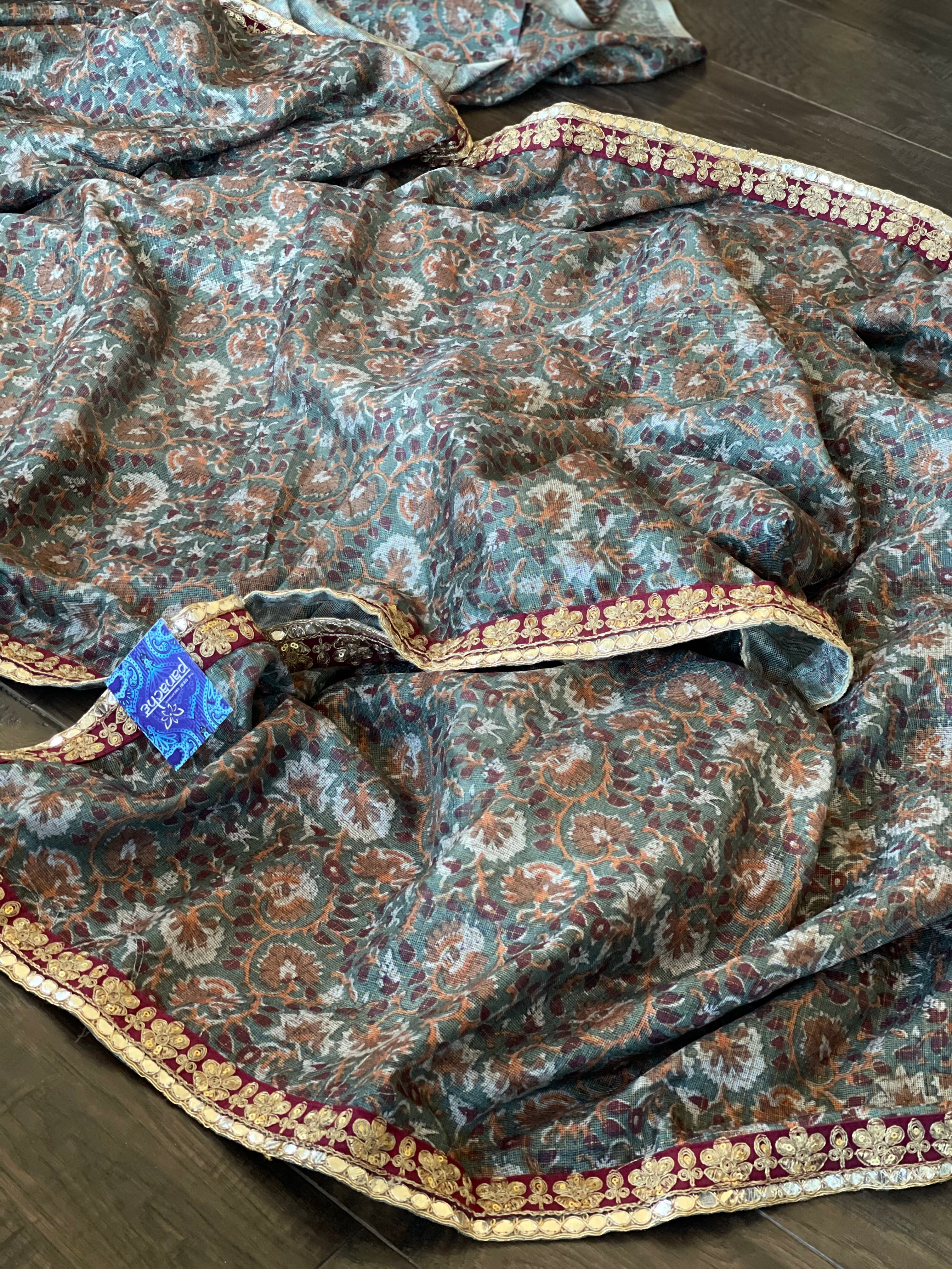 Designer Jute Silk - Teal Grey Floral Printed