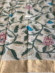 Pen Kalamkari Tussar Silk - Hand-painted Beige Green
