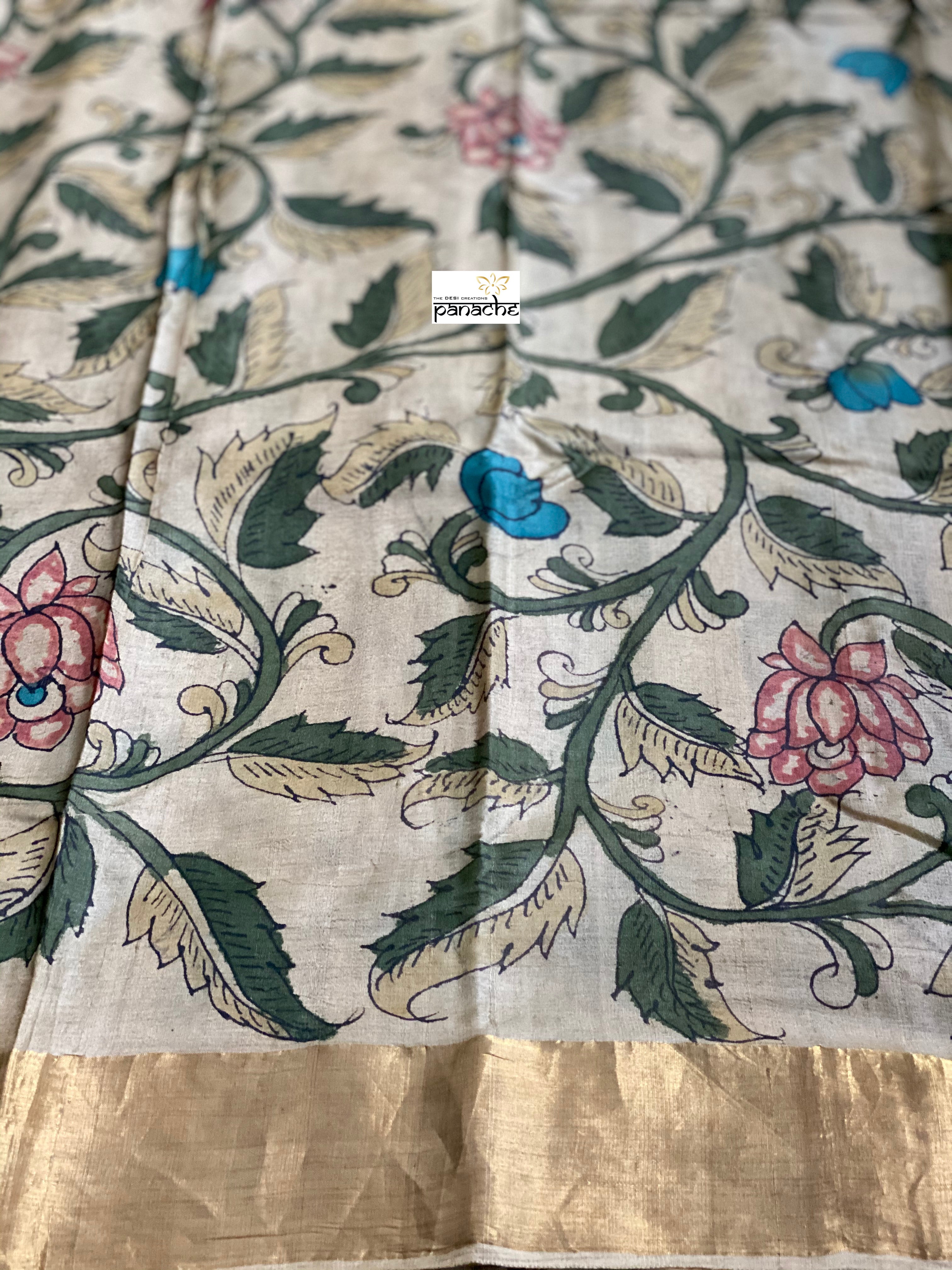 Pen Kalamkari Tussar Silk - Hand-painted Beige Green