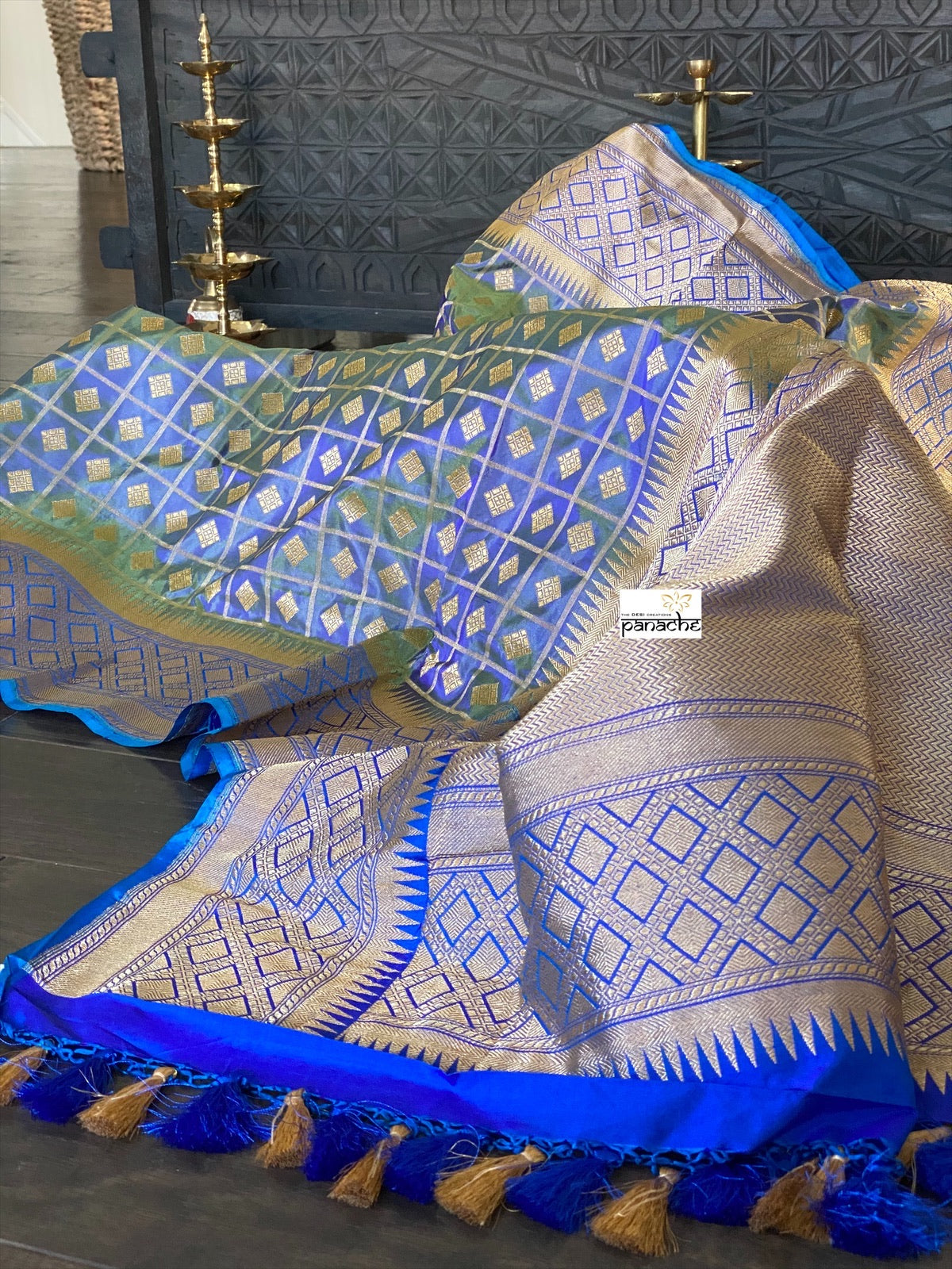 Katan Silk Banarasi - Metallic Blue checkered