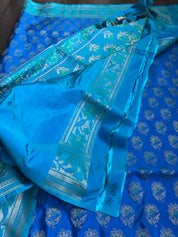 Pure Katan Silk Banarasi - Royal Blue Firozi Antique Zari