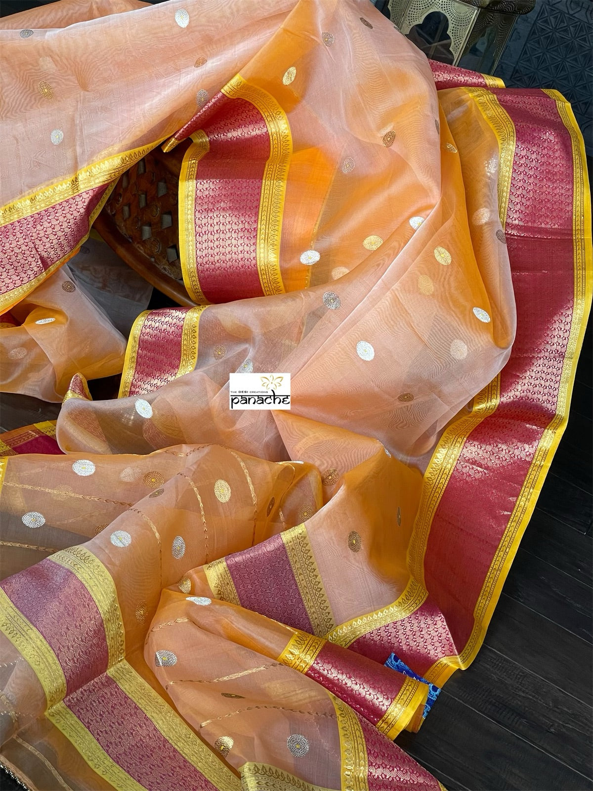 Pure Chanderi Katan Silk - Peach Silver Golden Zari