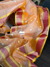 Pure Chanderi Katan Silk - Peach Silver Golden Zari