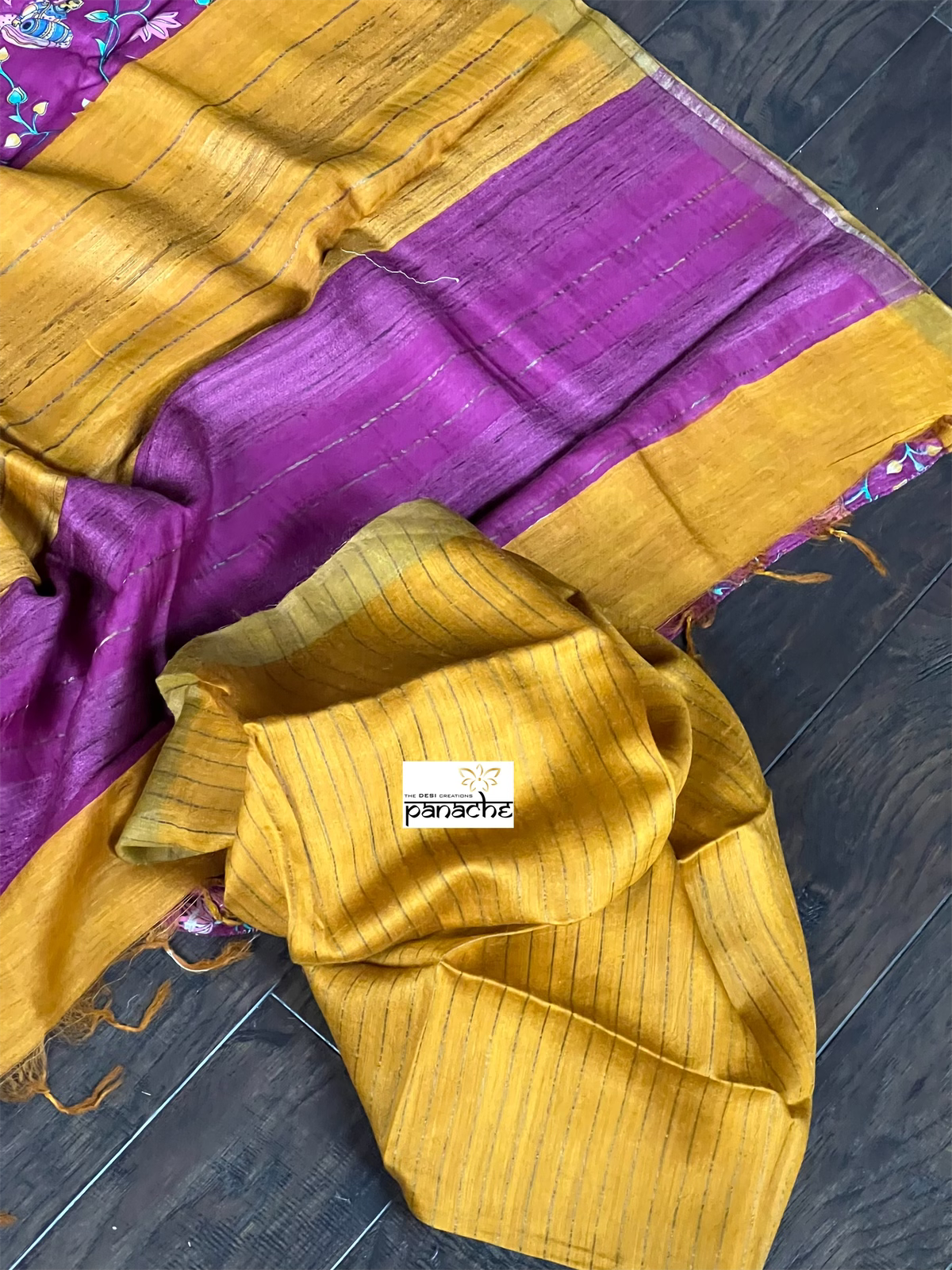Muga Silk Pichwai Printed - Purple Ochre Yellow