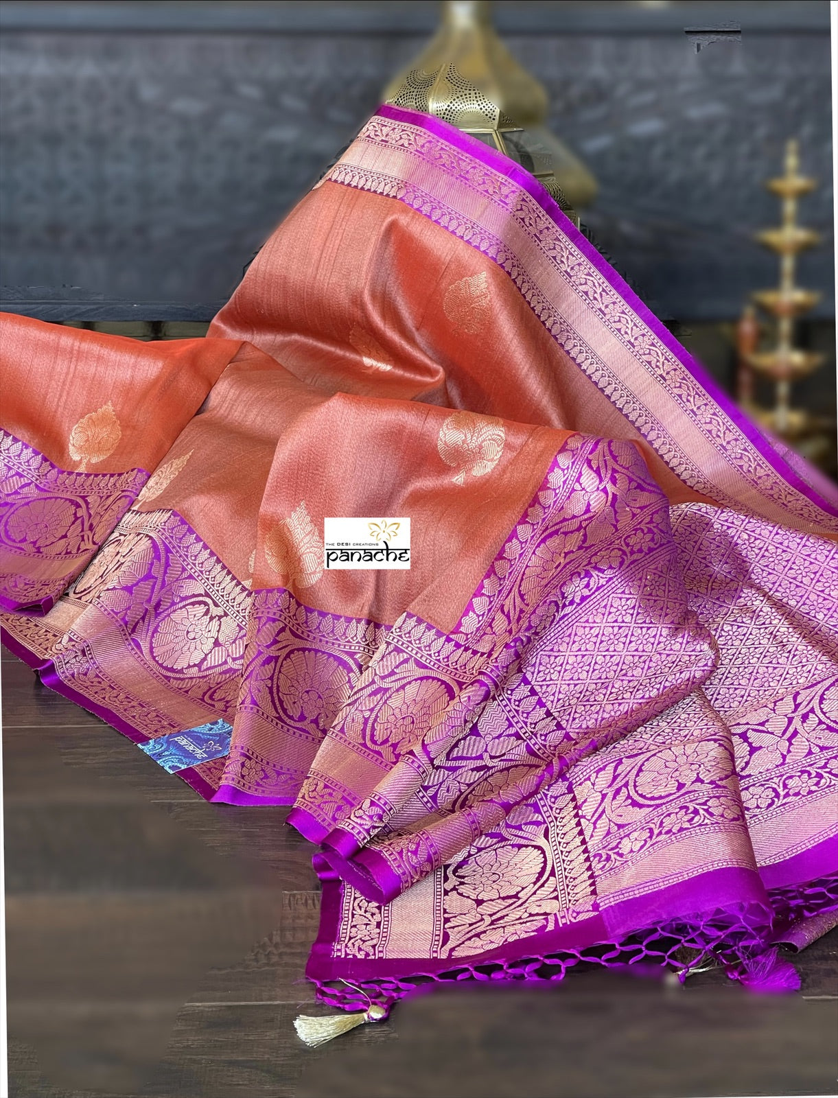 Tussar Silk Banarasi - Rust Orange Purple
