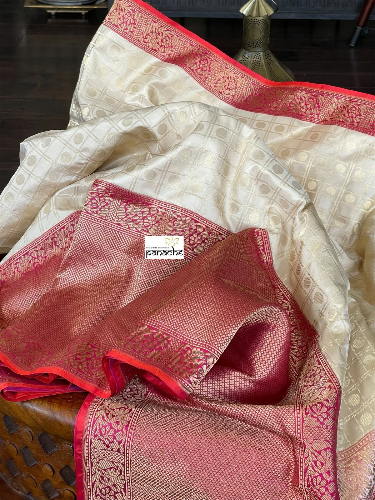 Pure Katan Silk Checkered Banarasi - Golden Beige Magenta Red Kadwa woven