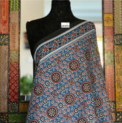 Soft Cotton Ajrakh Saree - Blue Black Maroon Printed