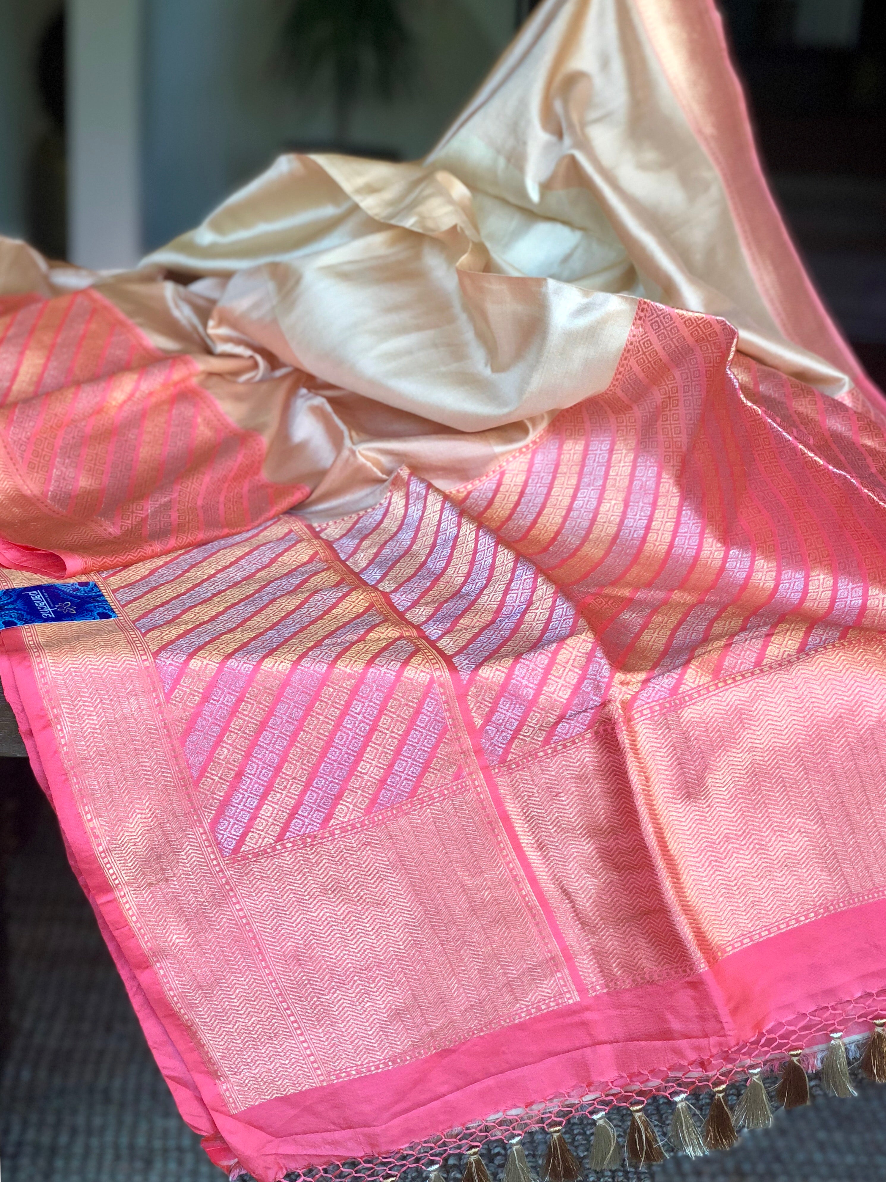 Pure Katan Silk Benarasi - Ivory Pink Golden Silver Zari