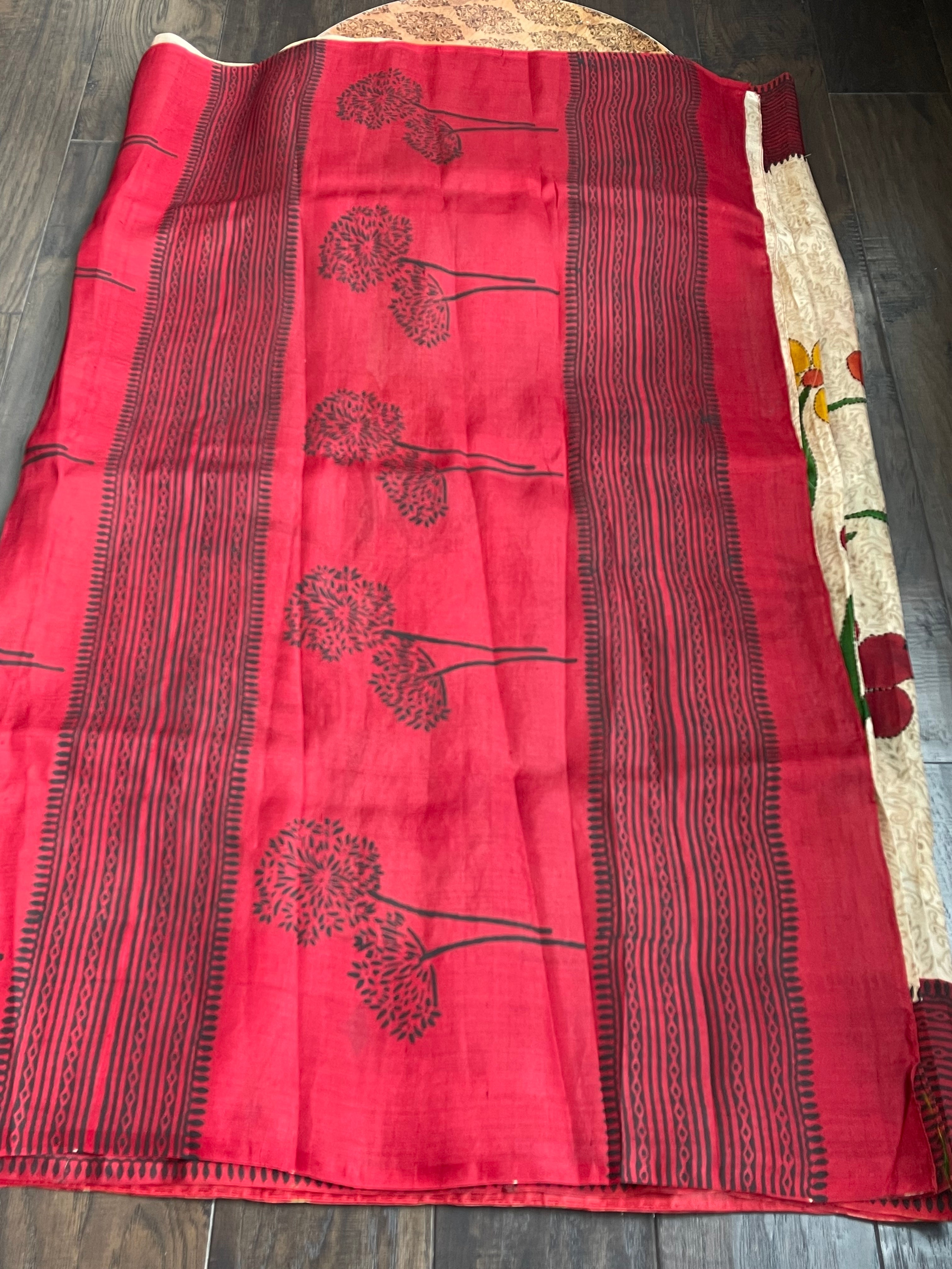 Pure Tussar Silk - Beige Red Black