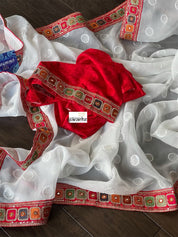 Designer Organza - White Red Sequin woven