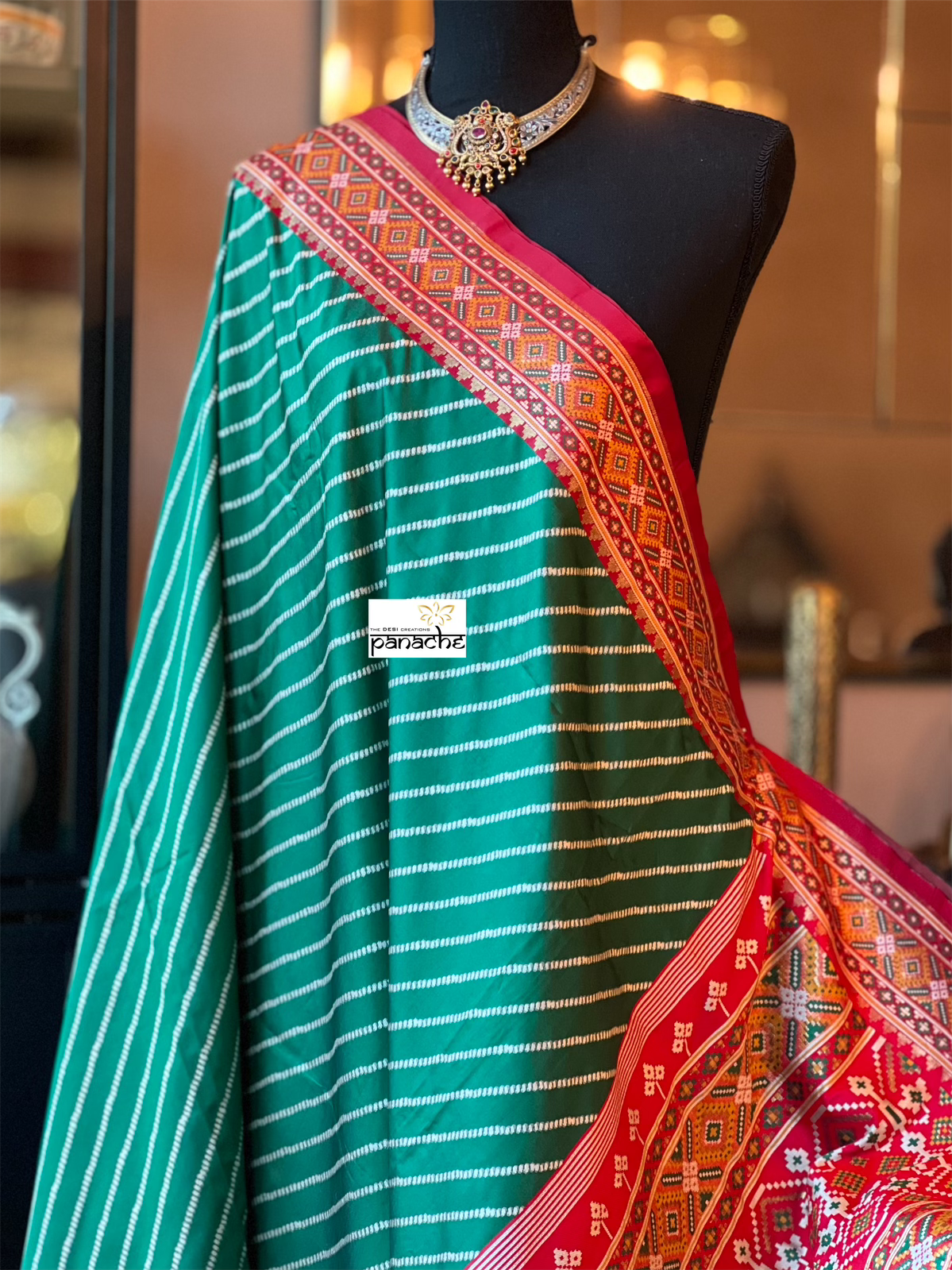Soft Silk Patola Banarasi - Green Red Antique Golden Zari