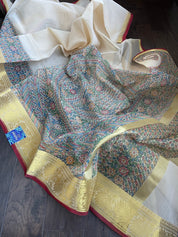 Kora Silk Banaras - Beige Madhubani Printed