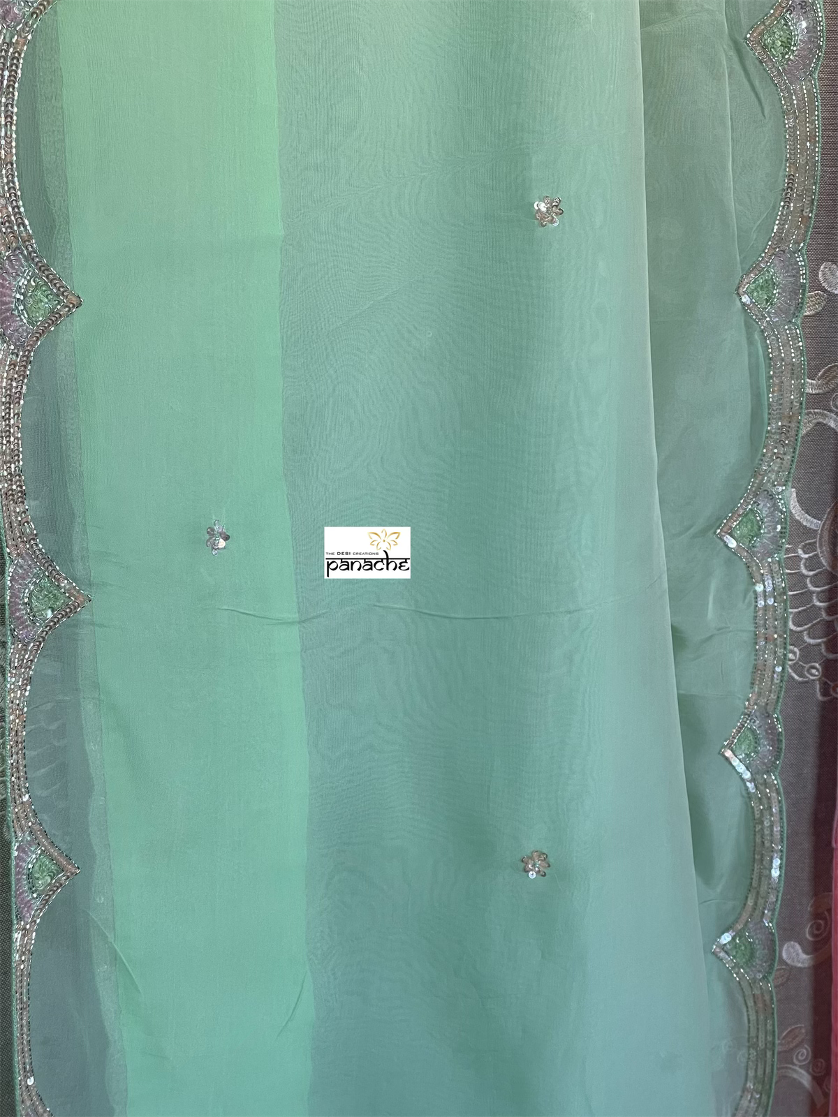 Designer Satin Organza - Mint Hand Embroidered