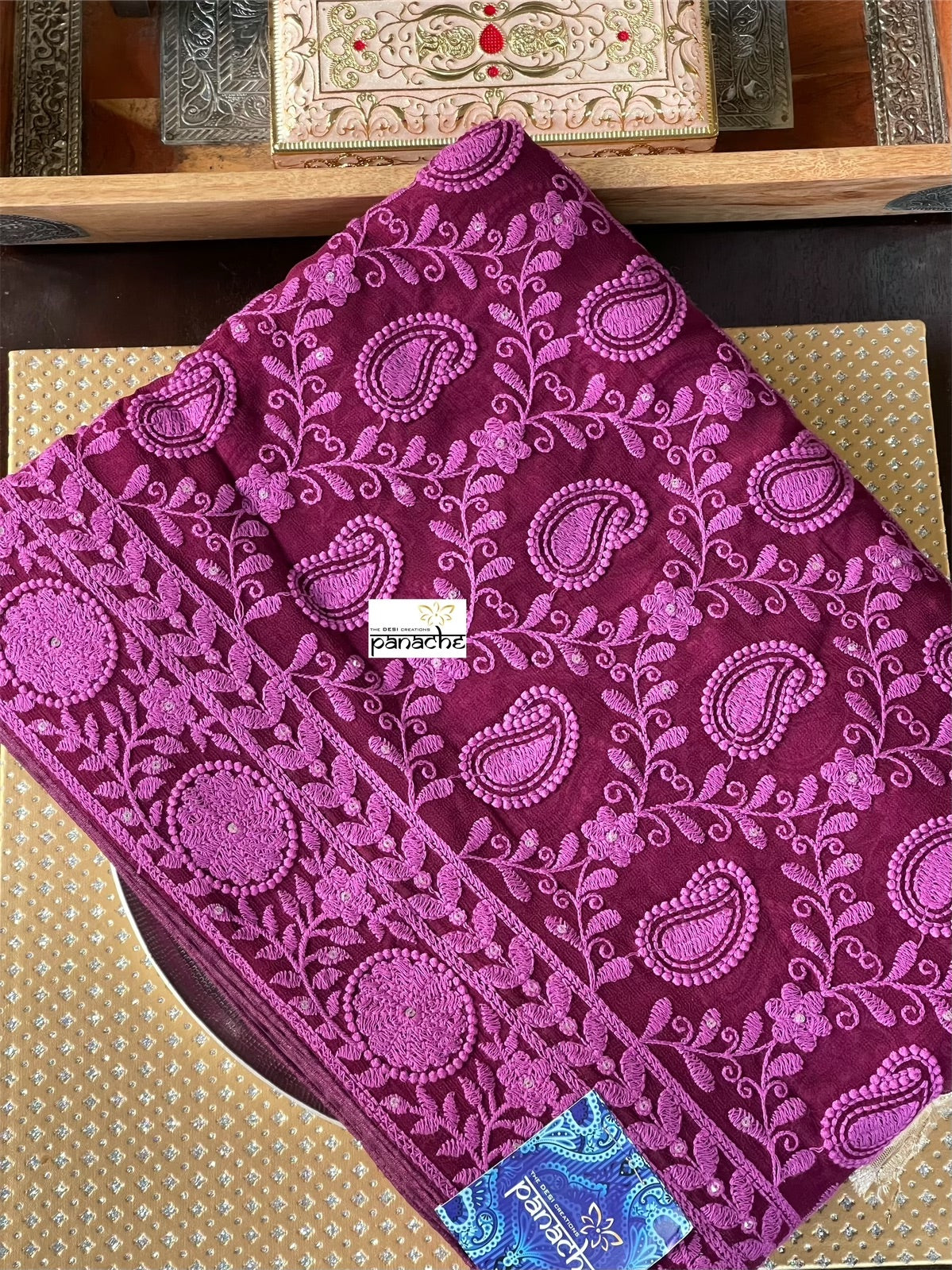 Designer Georgette Chikankari - Maroon Purple Paisley