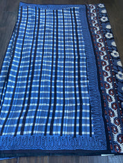 Soft Cotton Ajrakh Saree - Blue Grey Black Maroon Printed