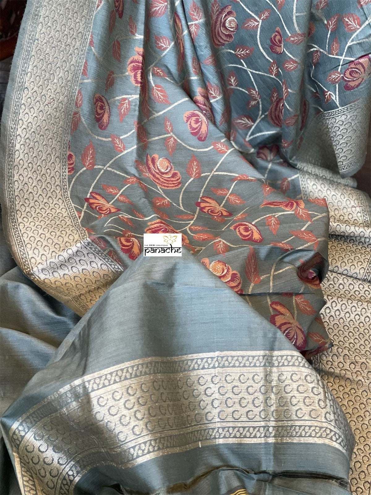 Muga Silk Banarasi - Grey Maroon Golden Zari
