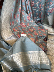 Muga Silk Banarasi - Grey Maroon Golden Zari