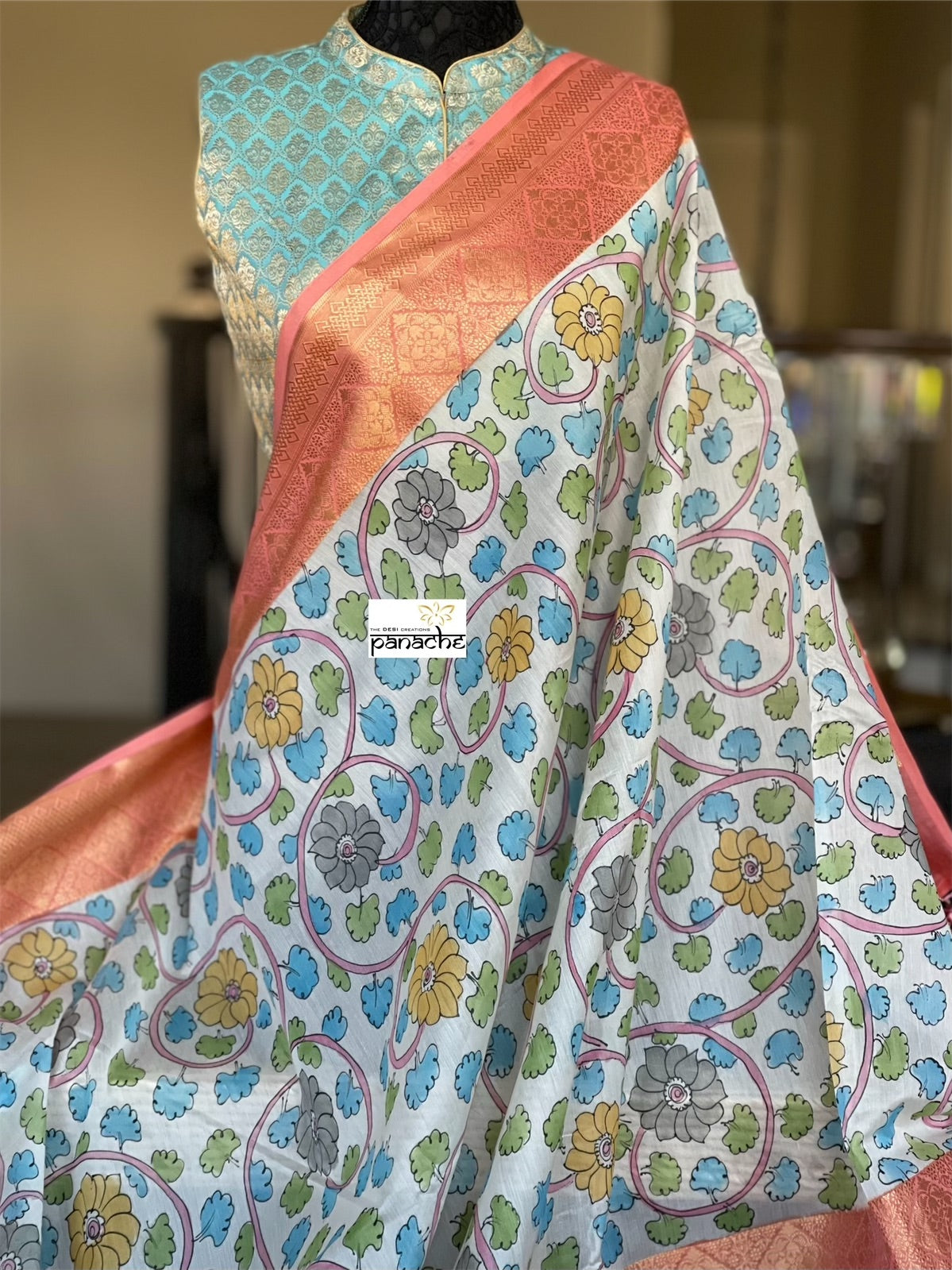 Pure Cotton Silk Kalamkari Banarasi- Off White Peach