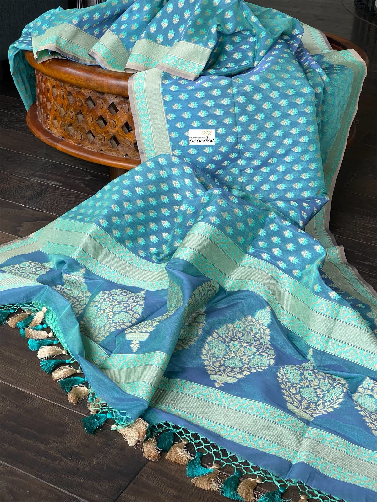 Silk Cotton Jamdaani Kora Banarasi - Blue Grey Resham Woven