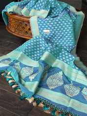 Silk Cotton Jamdaani Kora Banarasi - Blue Grey Resham Woven
