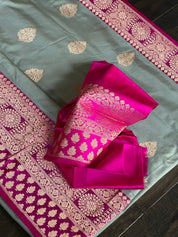 Katan Silk Banarasi - Silver Grey Magenta