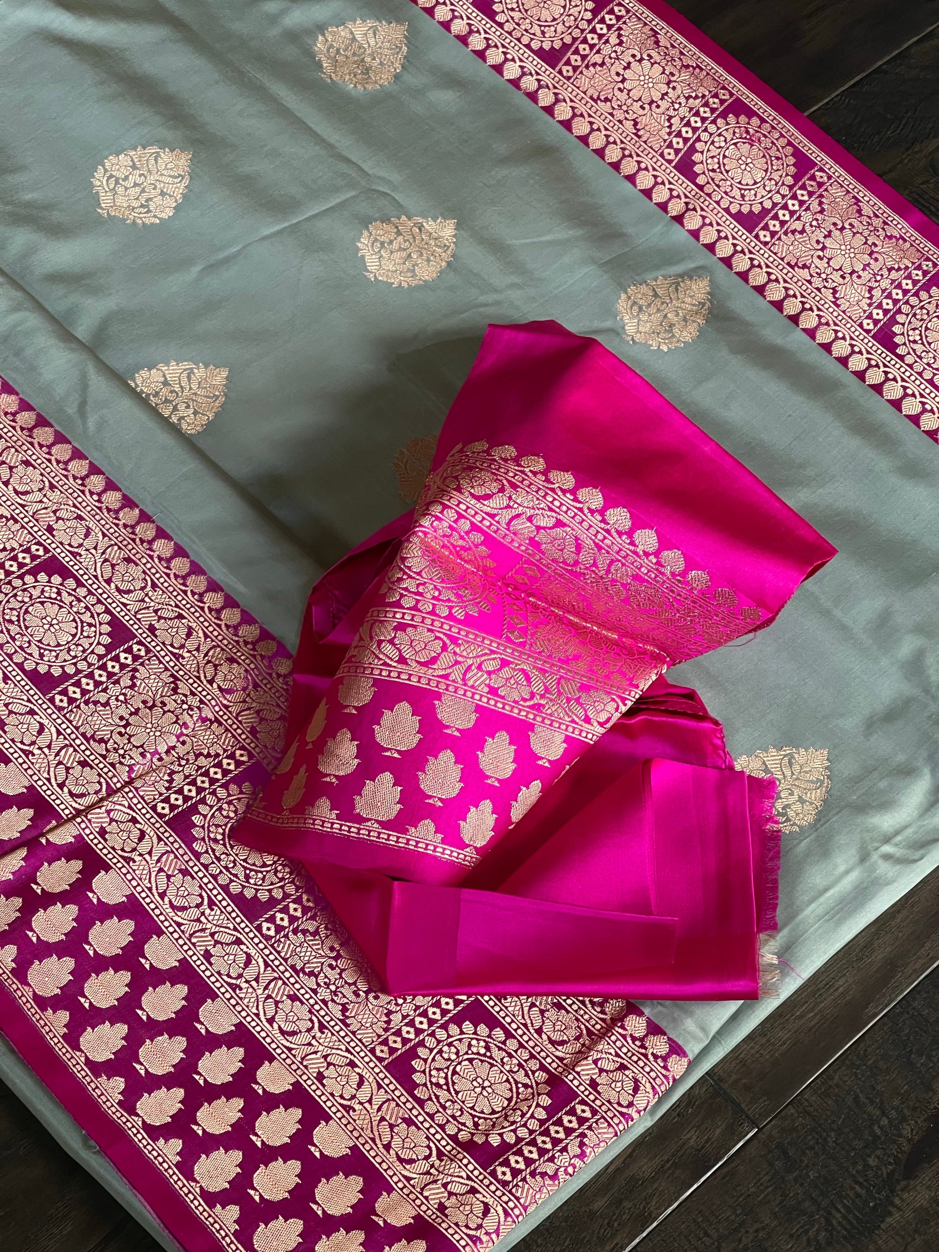 Katan Silk Banarasi - Silver Grey Magenta