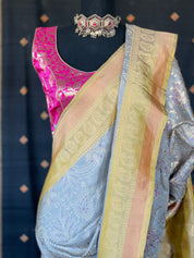 Katan Silk Banarasi - Grey Ochre Yellow