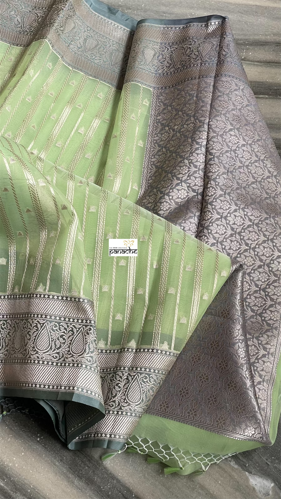 Kora Silk Banaras Chanderi - Pista Green Grey