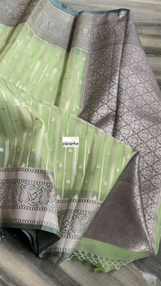 Kora Silk Banaras Chanderi - Pista Green Grey
