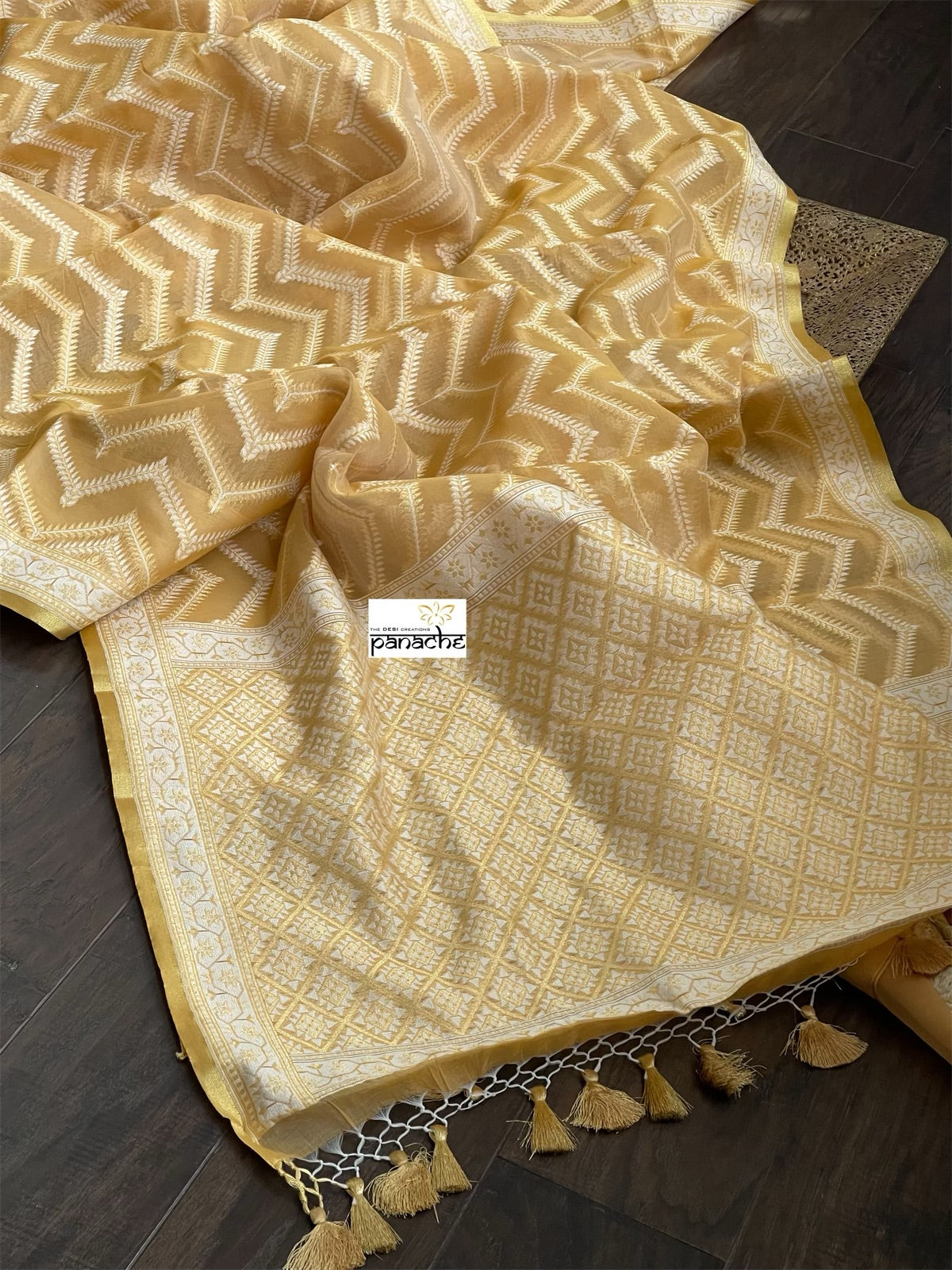 Kora Cotton Chanderi Banarasi - Light Ochre Yellow Paithani Border