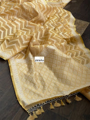 Kora Cotton Chanderi Banarasi - Light Ochre Yellow Paithani Border