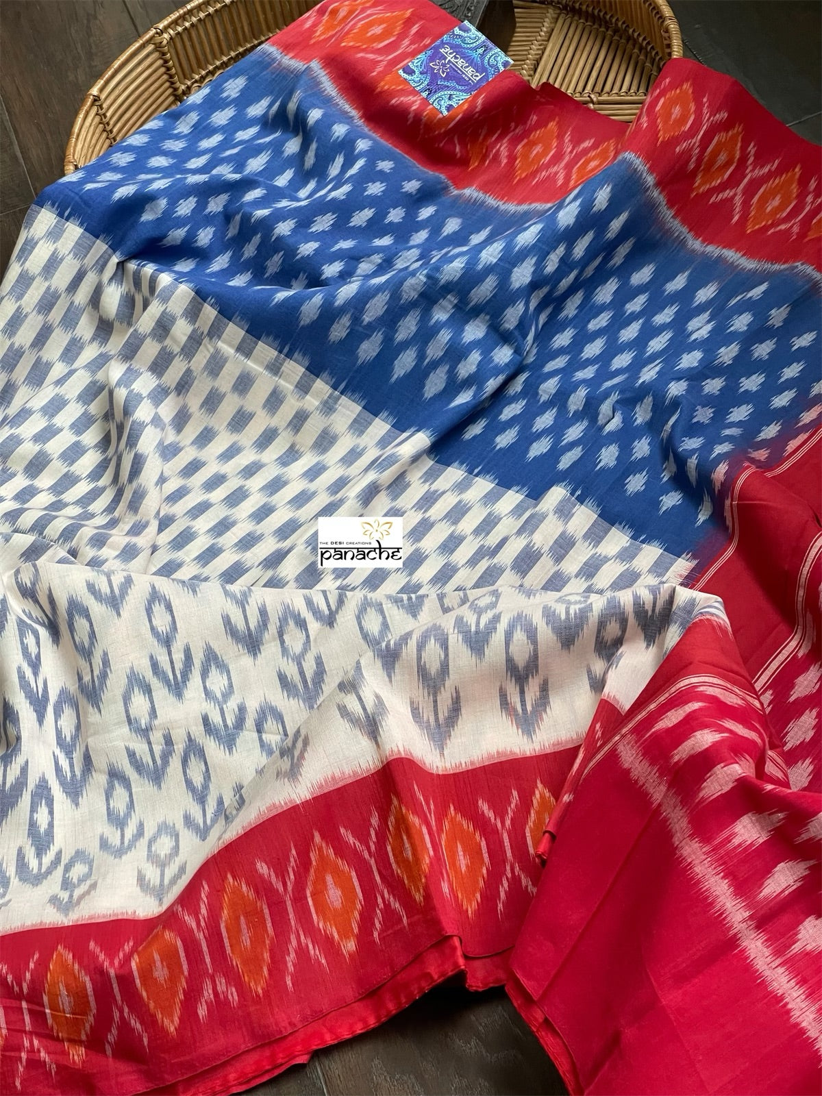 Pure Cotton Ikat  -  Off White Blue Red