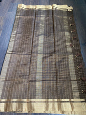 Chanderi Cotton Silk - Greenish Brown Zari checks