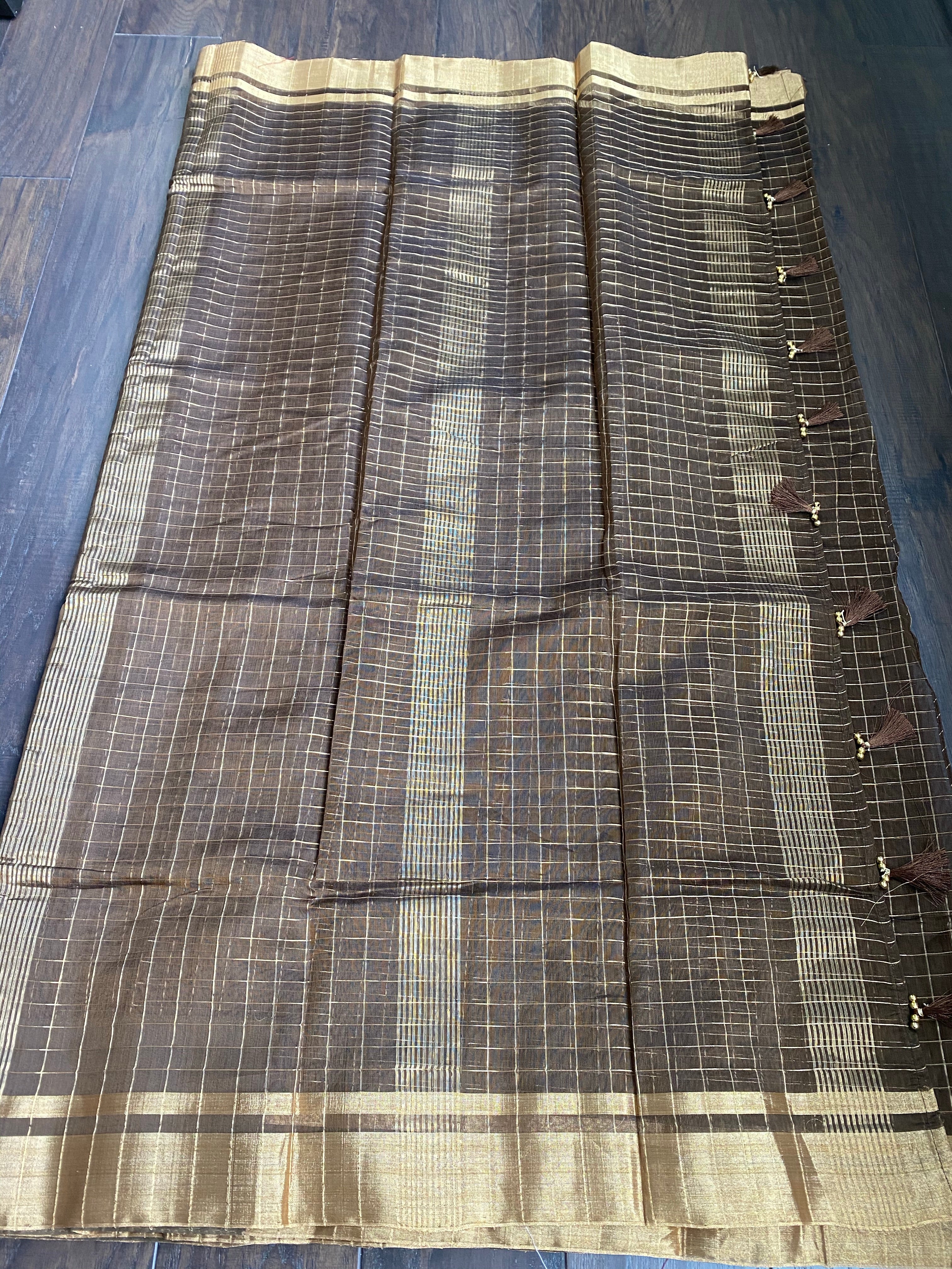 Chanderi Cotton Silk - Greenish Brown Zari checks