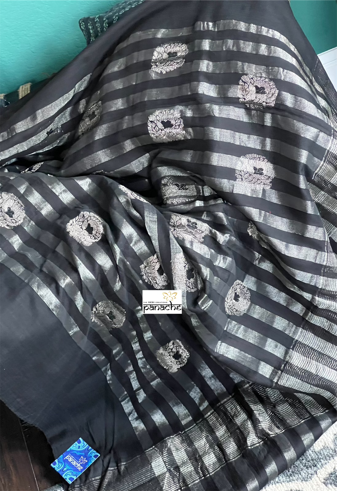 Pure Linen Matka Silk - Black Silver Zari